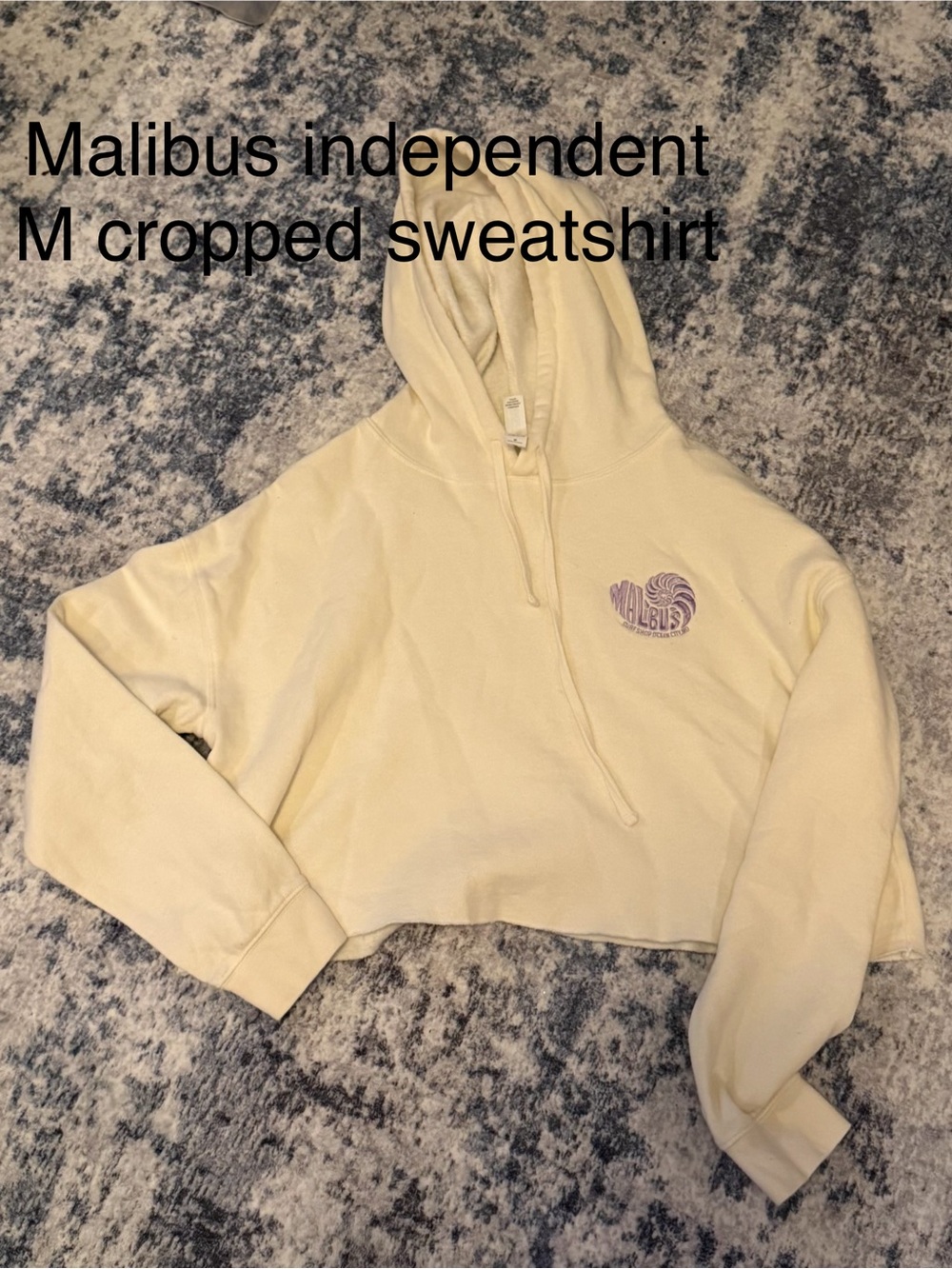 “Malibus surf shop” Cream Cropped Hoodie with Purple Logo